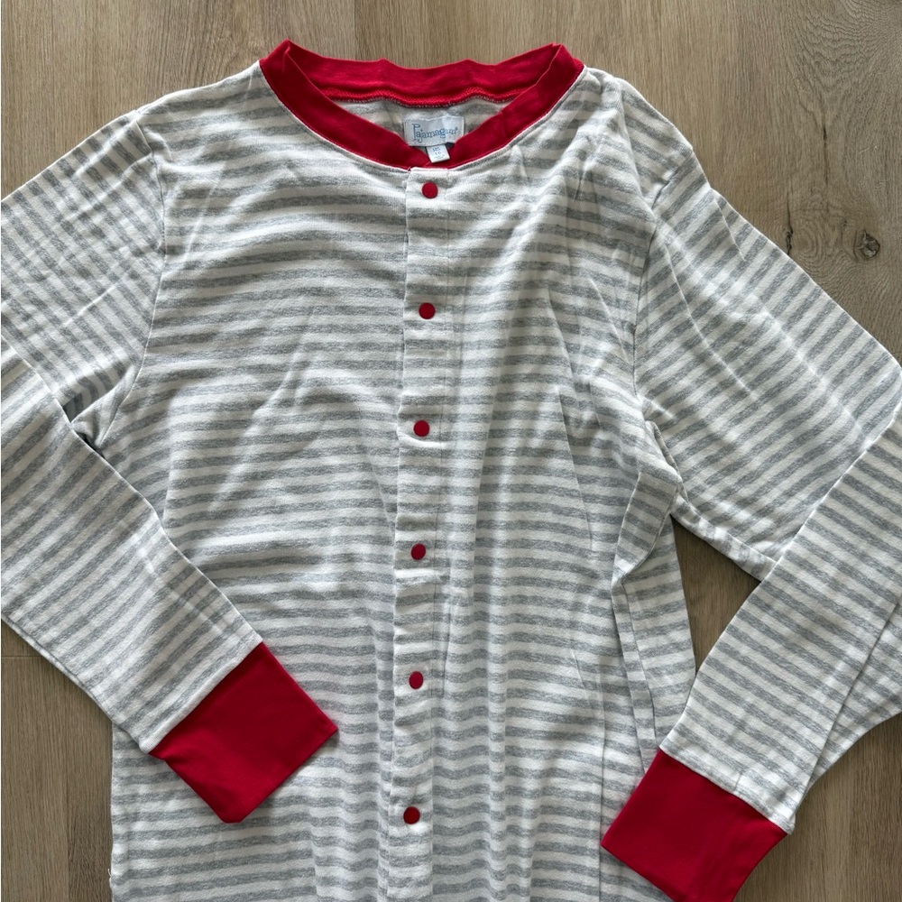 Striped Men’s One Piece, Footie Pajama with Red Accents